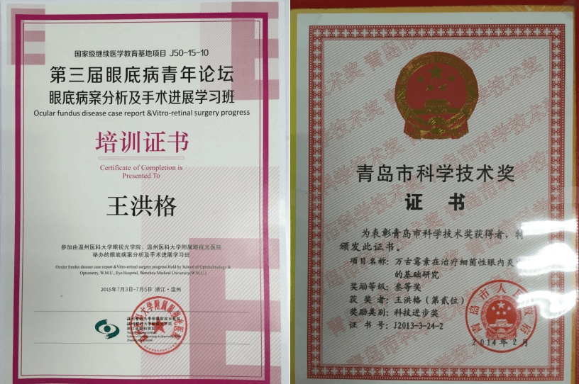 王洪格教授榮獲青島市科學(xué)技術(shù)獎(jiǎng)+眼底病青年論壇培訓(xùn)證書